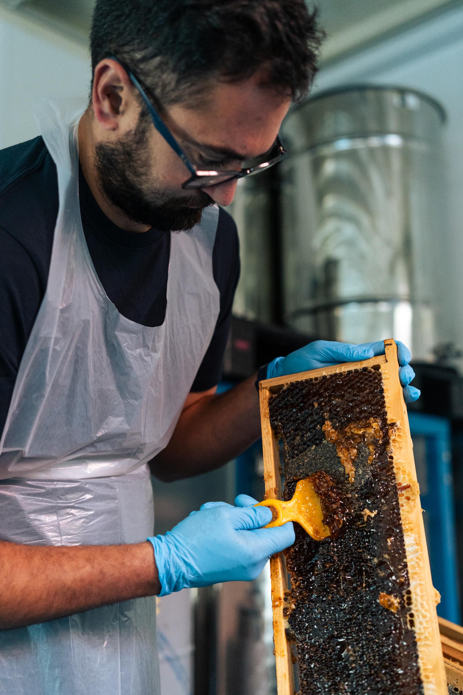 Hombre con guantes manipulando panal de miel en entorno de producción alimentaria con utensilios industriales