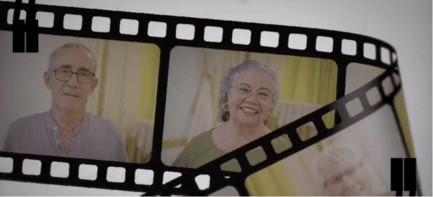 Montaje visual con retratos de personas mayores en formato cinematográfico y comillas gráficas