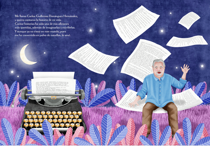 Ilustración de Carlos Guillermo escribiendo entre páginas volando bajo un cielo nocturno con máquina de escribir