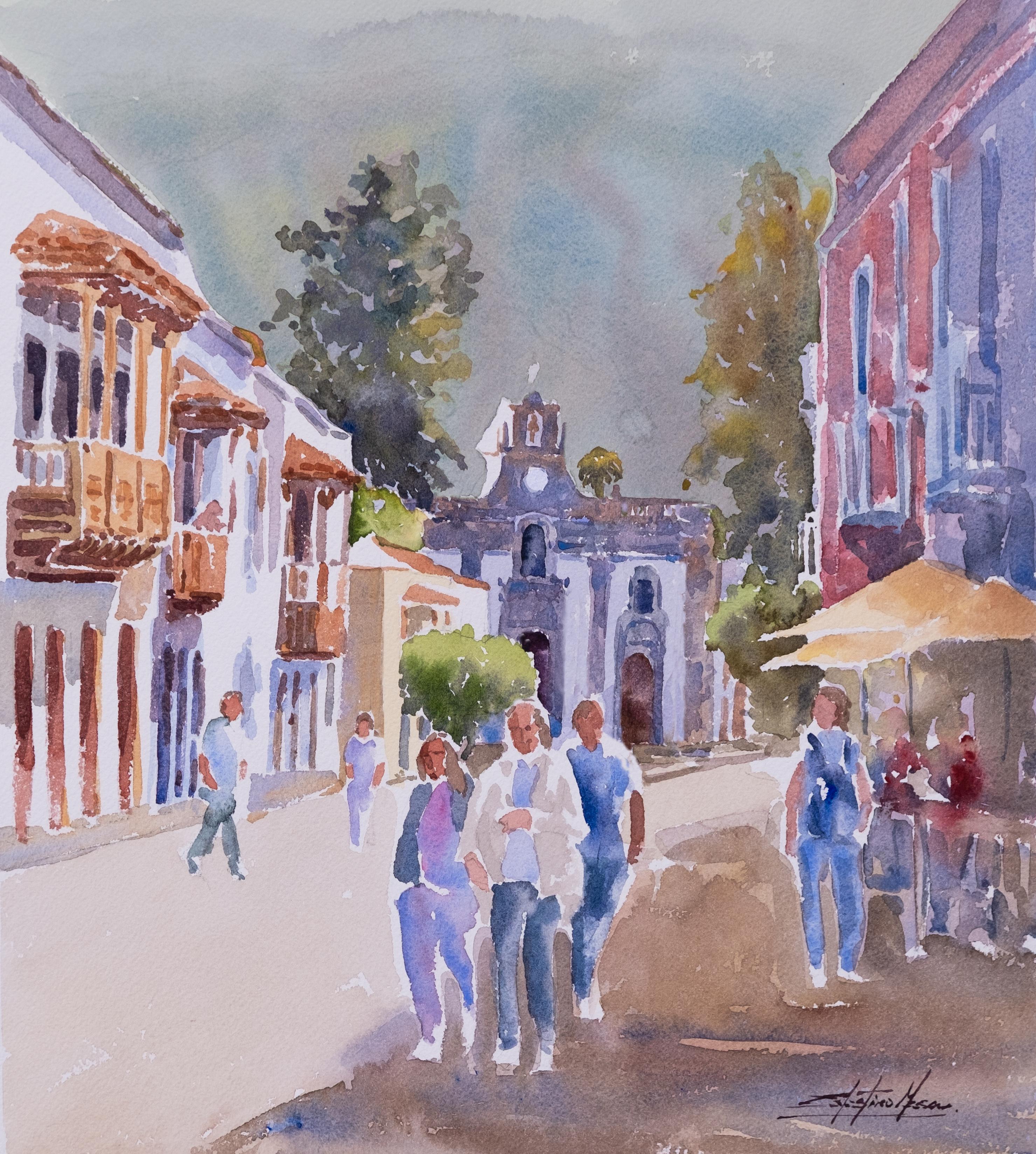 Acuarela de calle colonial con personas paseando hacia iglesia al fondo, edificios coloridos y ambiente luminoso y tranquilo