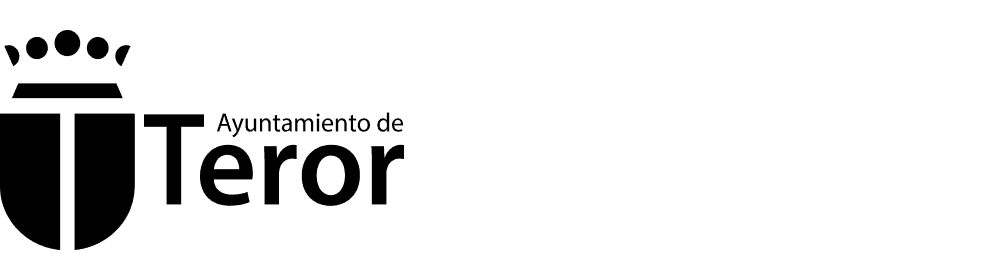 Logotipo institucional del Ayuntamiento de Teror en blanco sobre fondo oscuro, con escudo oficial y diseño minimalista