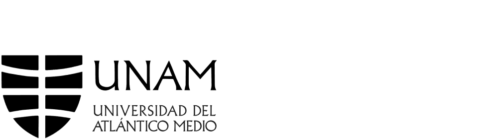 Logotipo de UNAM Universidad del Atlántico Medio en blanco sobre fondo oscuro, con símbolo heráldico y tipografía corporativa