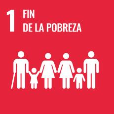 Icono ODS 1 Fin de la pobreza con familia de figuras sobre fondo rojo simbolizando inclusión social