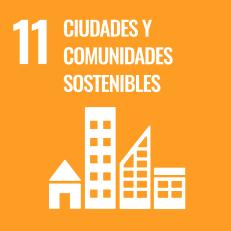 Icono ODS 11 Ciudades y comunidades sostenibles con edificios sobre fondo naranja