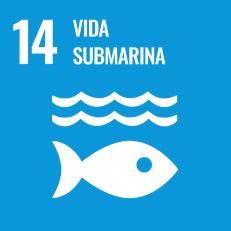 Icono ODS 14 Vida submarina con pez y olas sobre fondo azul representando ecosistemas marinos