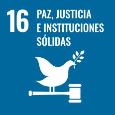 Icono ODS 16 Paz, justicia e instituciones sólidas con paloma y mazo sobre fondo azul institucional