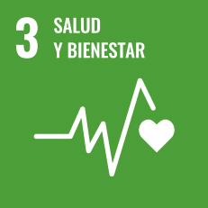 Icono ODS 3 Salud y bienestar con línea de pulso y corazón sobre fondo verde