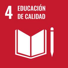 Icono ODS 4 Educación de calidad con libro abierto y lápiz sobre fondo rojo