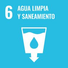 Icono ODS 6 Agua limpia y saneamiento con vaso y gota sobre fondo azul