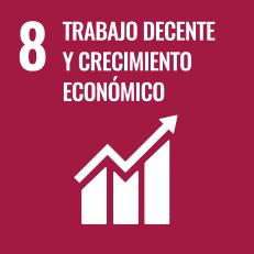 Icono ODS 8 Trabajo decente y crecimiento económico con gráfico ascendente sobre fondo rojo
