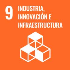 Icono ODS 9 Industria, innovación e infraestructura con cubos conectados sobre fondo naranja