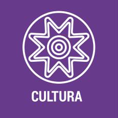 Icono de cultura con símbolo abstracto en blanco sobre fondo morado y texto “CULTURA” centrado