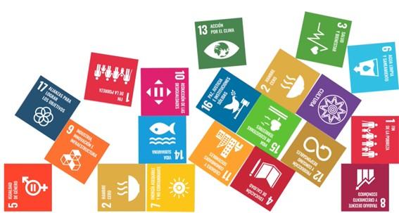 Conjunto de iconos de los Objetivos de Desarrollo Sostenible en colores variados representando metas globales